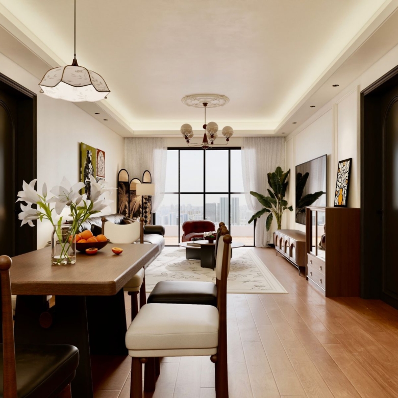 Donyo Ridge Apartments open-plan living and dining room with wooden flooring, modern furniture, decorative lighting and large windows.