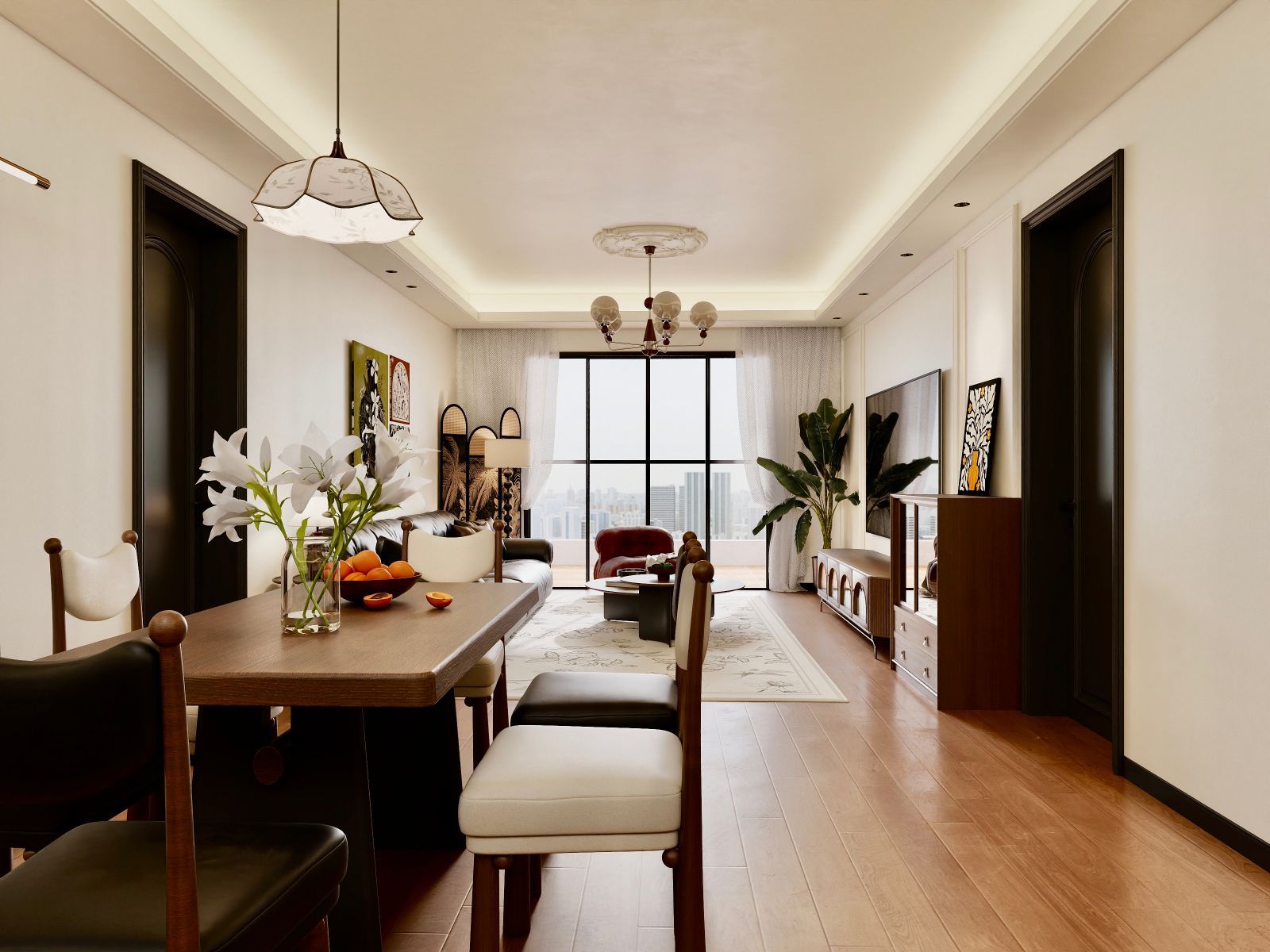Donyo Ridge Apartments open-plan living and dining room with wooden flooring, modern furniture, decorative lighting and large windows.