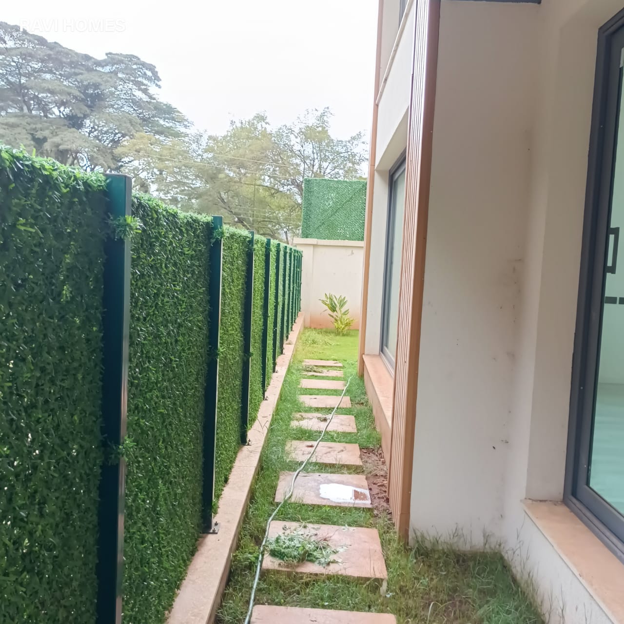 Garden Villas Lavington backyard pathway with stepping stones, green lawn, landscaped hedge fencing and modern villa exterior.
