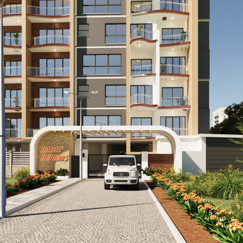 Hayat Heights apartments Kindaruma Road Kilimani Nairobi main entrance with modern building façade, gated driveway and landscaped gardens.