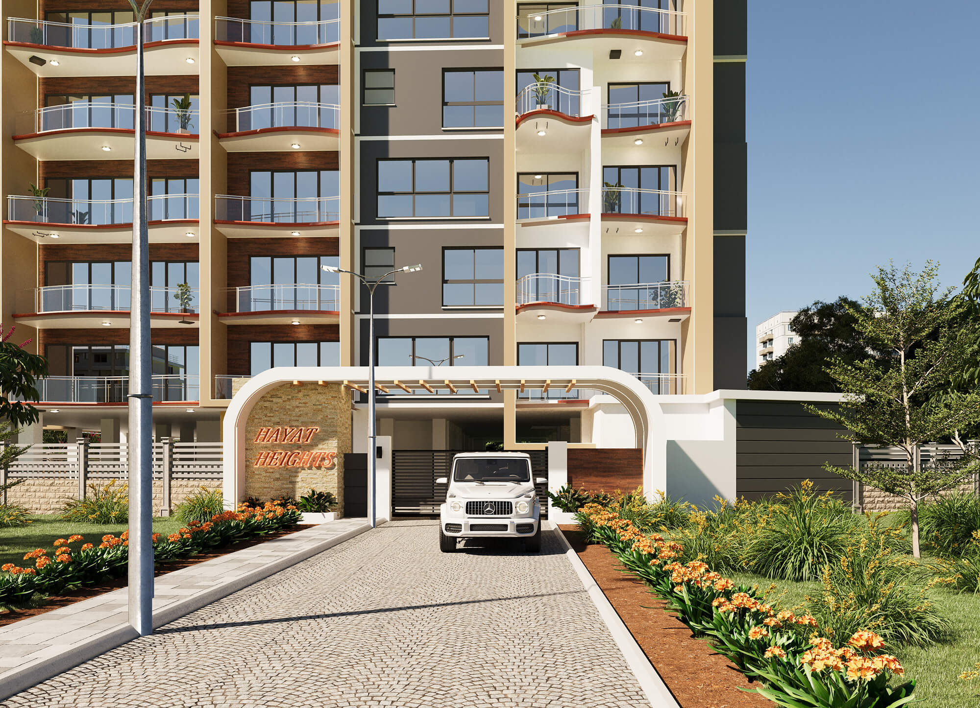 Hayat Heights apartments Kindaruma Road Kilimani Nairobi main entrance with modern building façade, gated driveway and landscaped gardens.