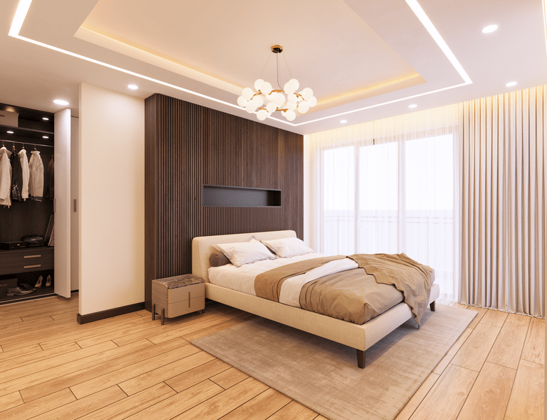 Hayat Heights Kilimani spacious master bedroom with king-size bed, walk-in wardrobe, wooden flooring, chandelier and large windows.
