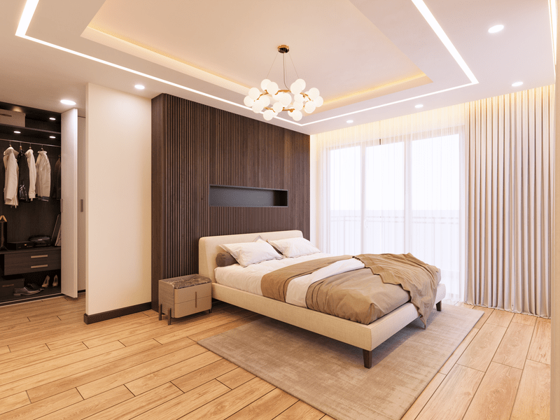 Hayat Heights Kilimani spacious master bedroom with king-size bed, walk-in wardrobe, wooden flooring, chandelier and large windows.