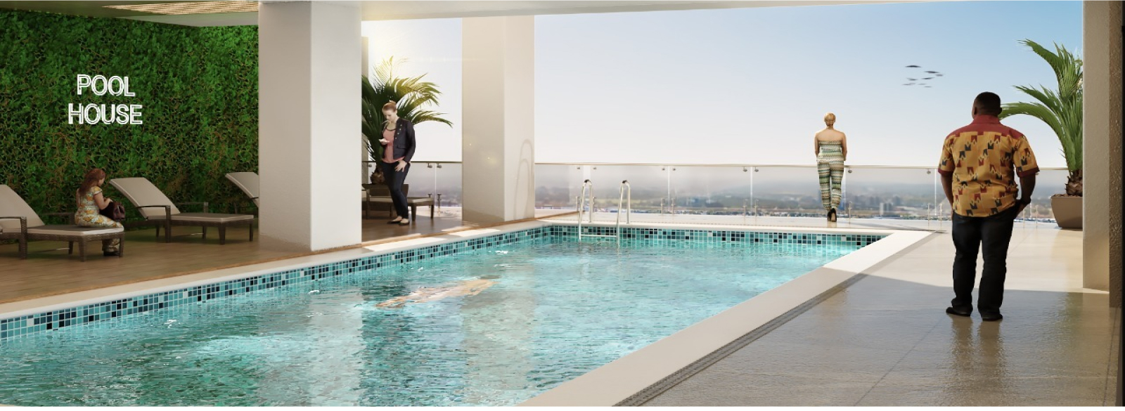 Hayat Heights Kilimani swimming pool with poolside lounge chairs, glass balcony railings and beautiful panoramic city views.