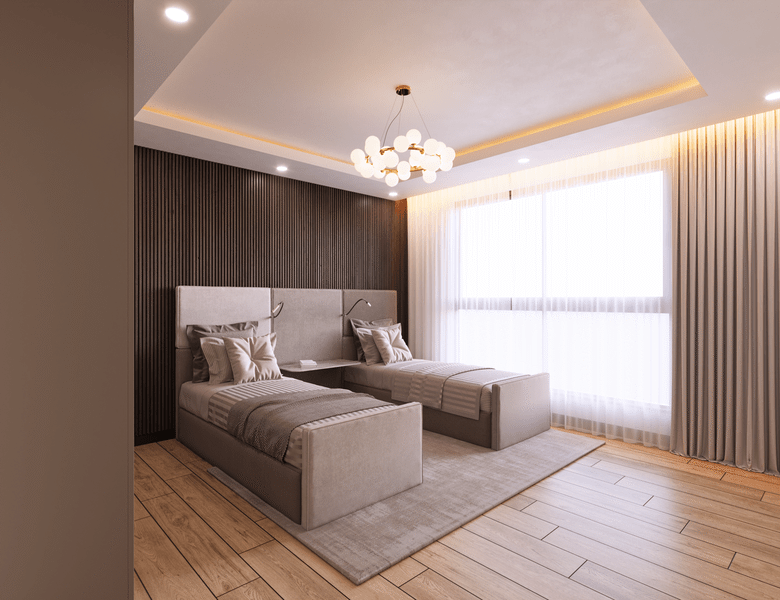 Hayat Heights Kilimani modern twin bedroom with upholstered beds, wooden flooring, elegant lighting and large windows.