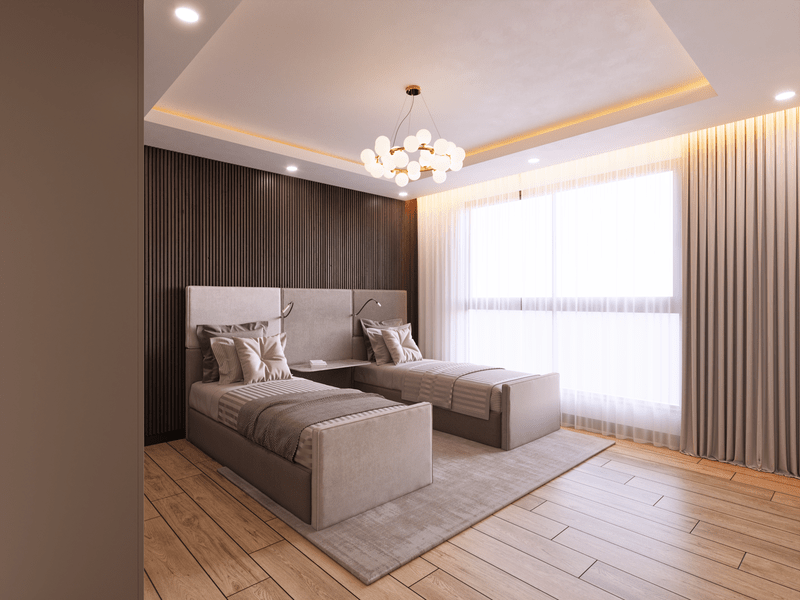 Hayat Heights Kilimani modern twin bedroom with upholstered beds, wooden flooring, elegant lighting and large windows.