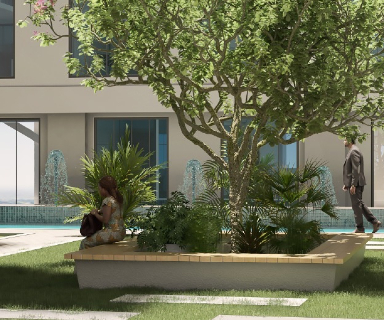 Hayat Heights Kilimani landscaped garden with green lawns, outdoor seating, mature trees and relaxing communal spaces.