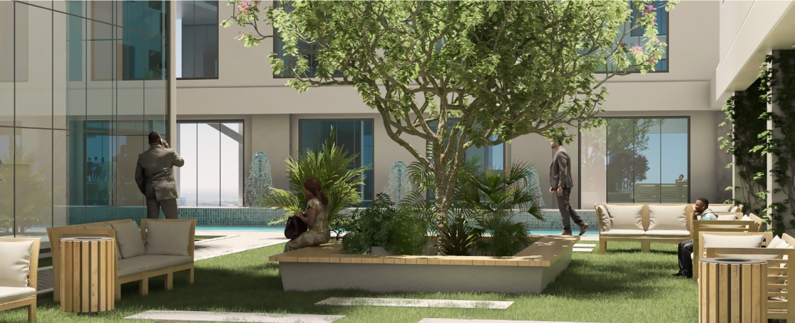 Hayat Heights Kilimani landscaped garden with green lawns, outdoor seating, mature trees and relaxing communal spaces.