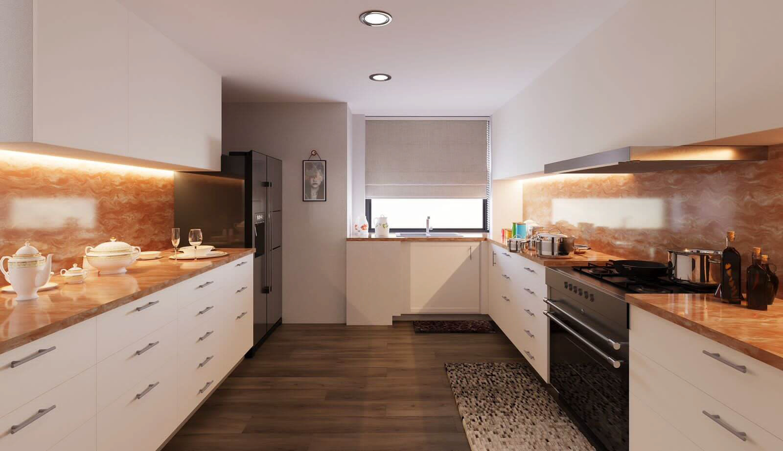 Hayat Heights apartments Kilimani modern fitted kitchen with white cabinets, marble-effect countertops, oven and elegant lighting.