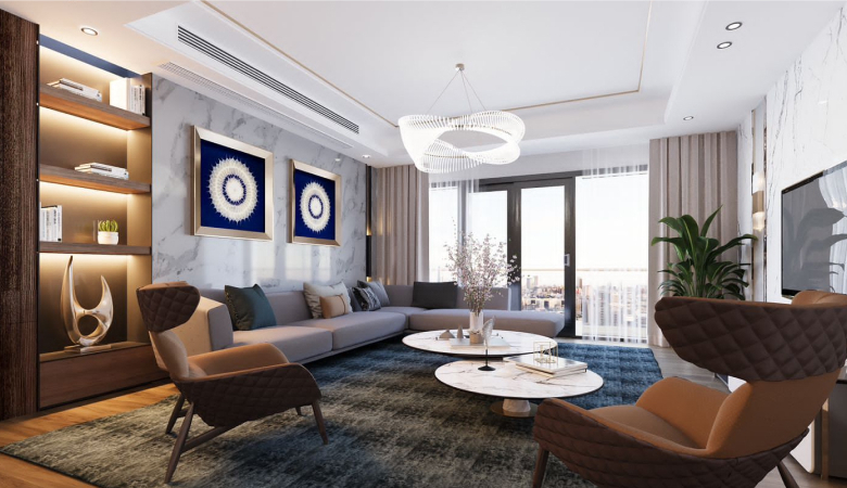 Hayat Heights Kilimani luxury living room with modern sofas, elegant chandelier, decorative wall finishes and balcony access.