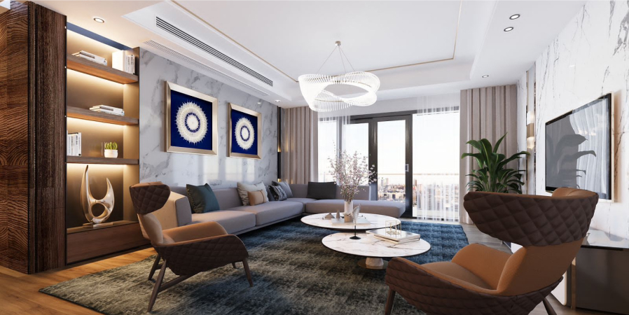 Hayat Heights Kilimani luxury living room with modern sofas, elegant chandelier, decorative wall finishes and balcony access.