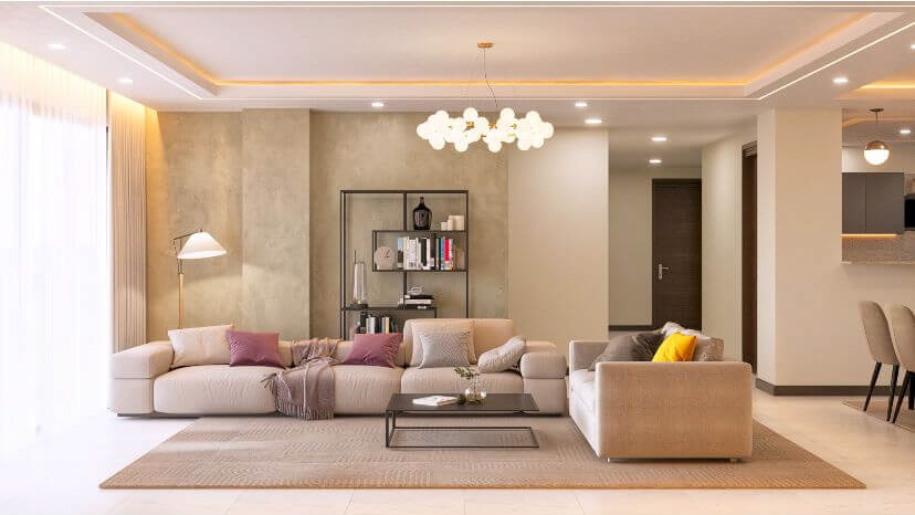 Hayat Heights apartments Kilimani elegant family lounge with comfortable sofas, modern lighting, decorative wall finishes and open-plan layout.