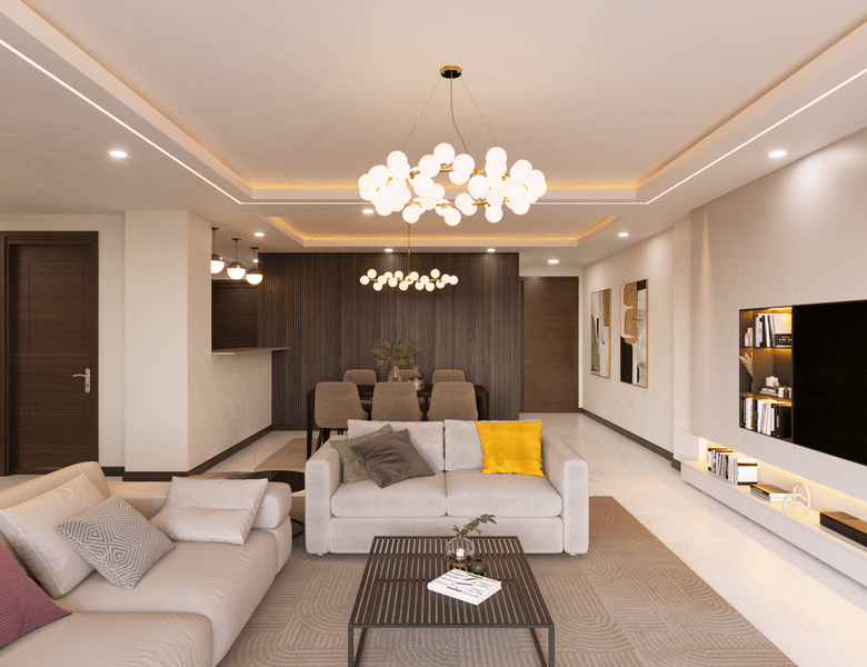 Hayat Heights Kilimani spacious living and dining room with modern sofas, ceiling chandeliers, recessed lighting and contemporary finishes.