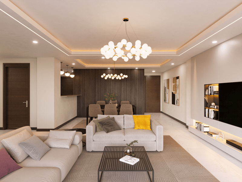 Hayat Heights Kilimani spacious living and dining room with modern sofas, ceiling chandeliers, recessed lighting and contemporary finishes.