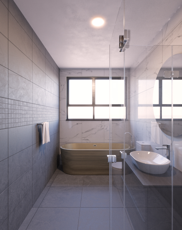 Hayat Heights Kilimani modern master bathroom with bathtub, glass shower enclosure, floating washbasin and marble-effect wall tiles.