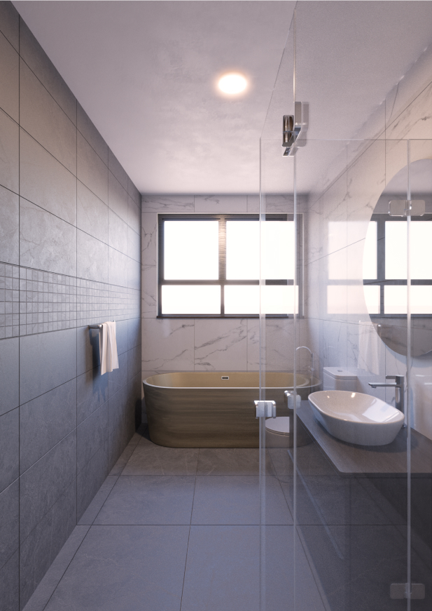 Hayat Heights Kilimani modern master bathroom with bathtub, glass shower enclosure, floating washbasin and marble-effect wall tiles.