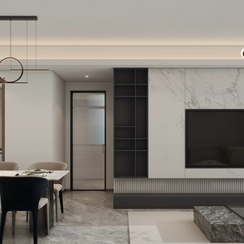 Lilydale Riverside luxury open-plan living and dining space featuring modern dining furniture, elegant sofas, decorative lighting and fitted kitchen access.