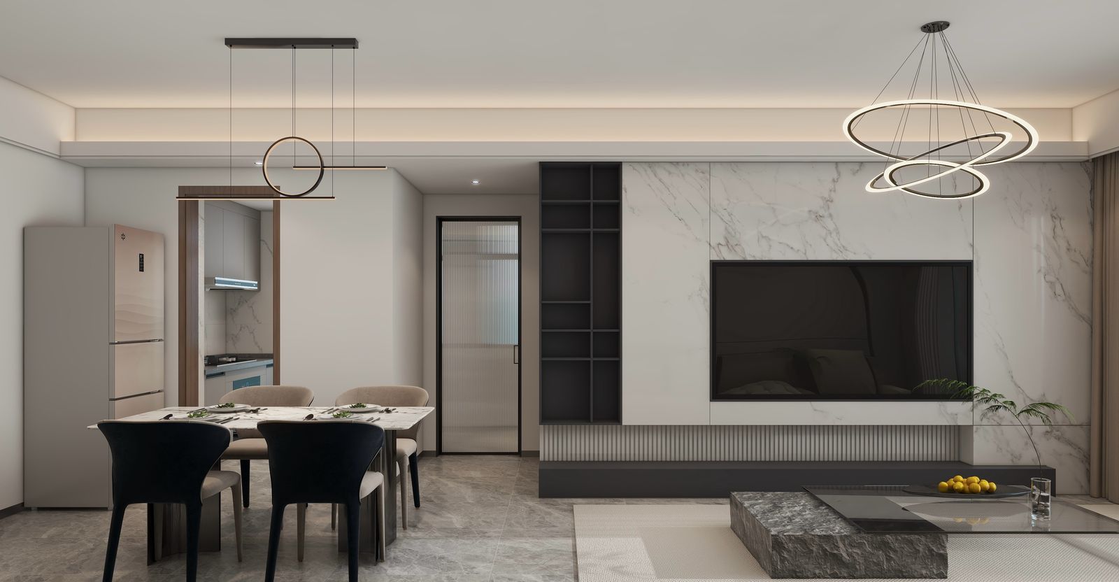 Lilydale Riverside luxury open-plan living and dining space featuring modern dining furniture, elegant sofas, decorative lighting and fitted kitchen access.