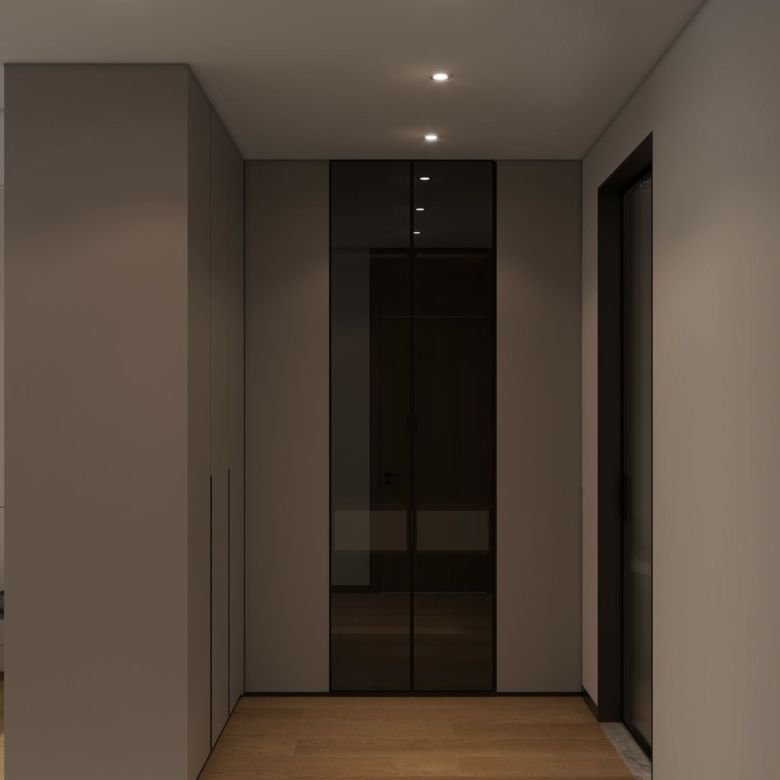 Lilydale Riverside modern bedroom closet featuring floor-to-ceiling fitted wardrobes, mirrored cabinet doors and wooden flooring.