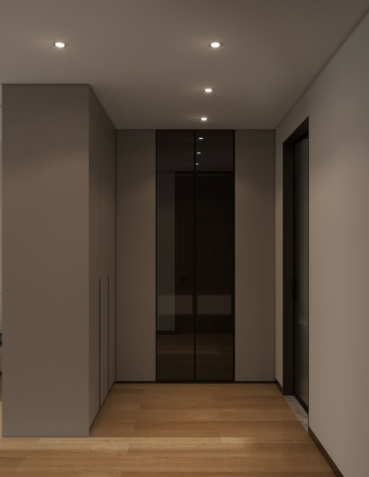 Lilydale Riverside modern bedroom closet featuring floor-to-ceiling fitted wardrobes, mirrored cabinet doors and wooden flooring.