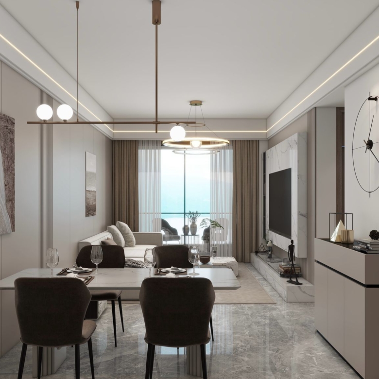Lilydale Riverside elegant open-plan dining and living room with modern dining table, comfortable seating, contemporary lighting and balcony access.