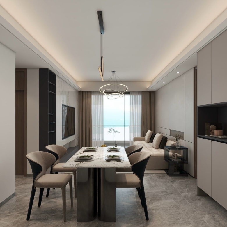 Lilydale Riverside modern dining area featuring a marble-top dining table, upholstered chairs, elegant lighting and adjoining living room.
