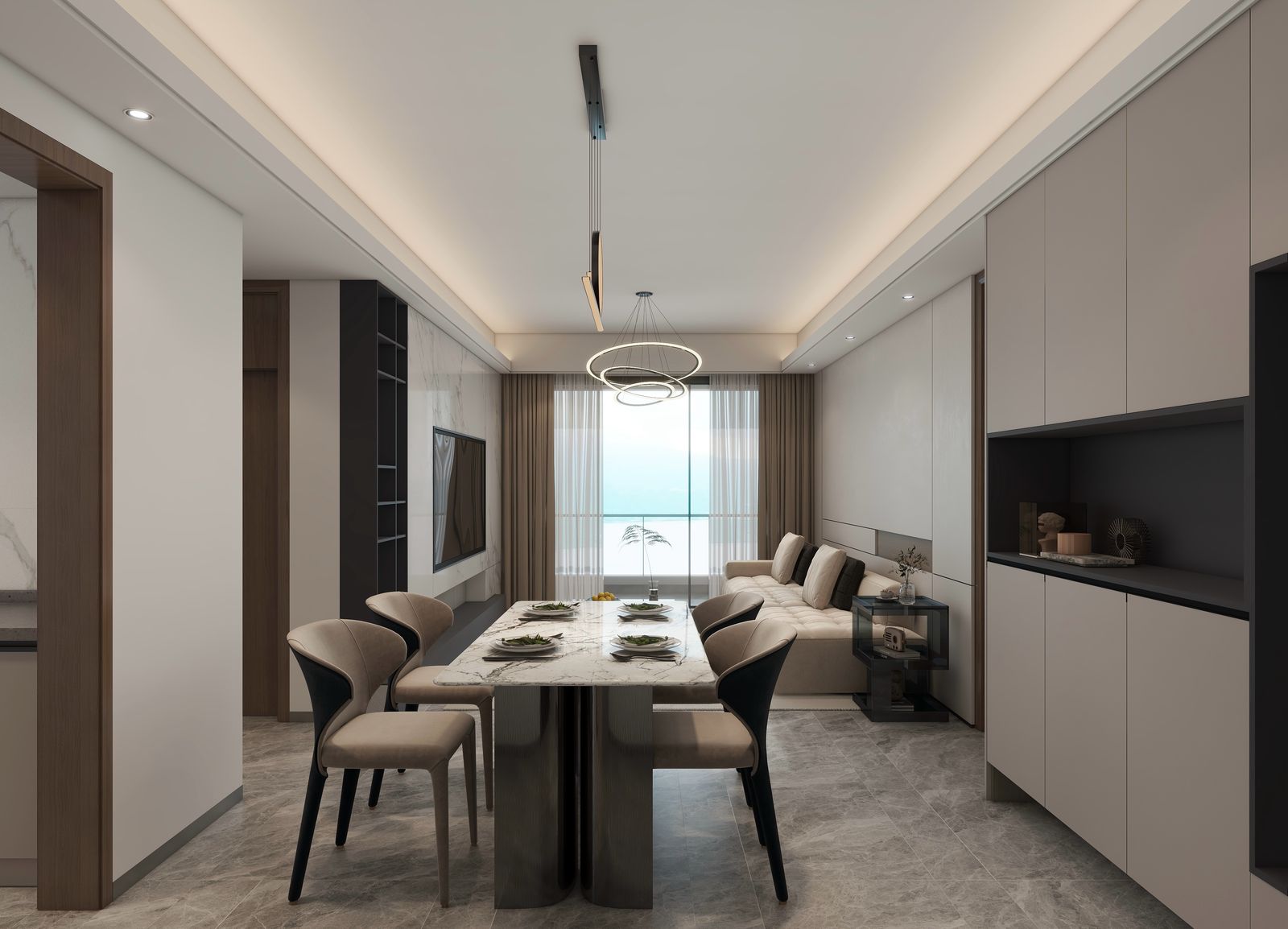 Lilydale Riverside modern dining area featuring a marble-top dining table, upholstered chairs, elegant lighting and adjoining living room.