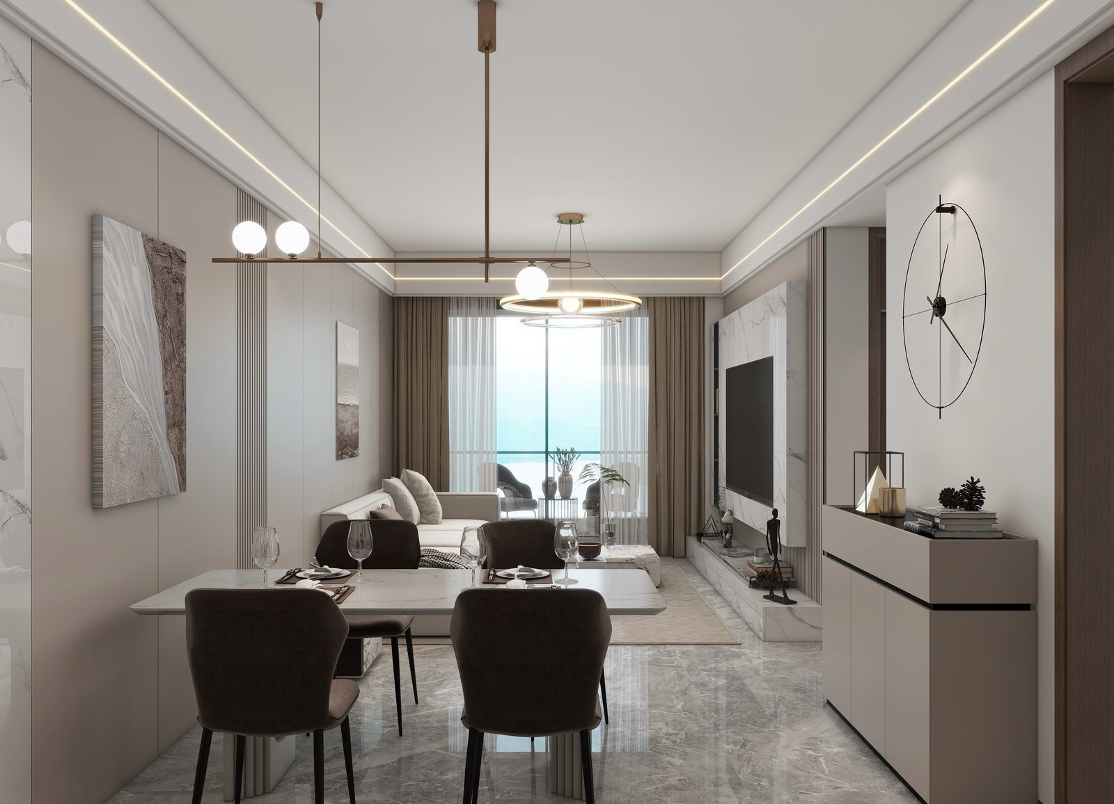 Lilydale Riverside elegant open-plan dining and living room with modern dining table, comfortable seating, contemporary lighting and balcony access.