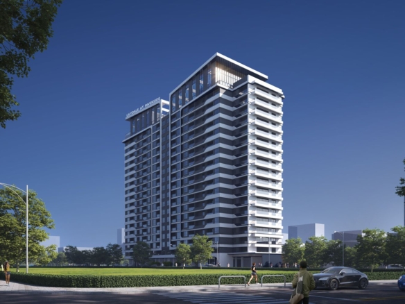 Lilydale Riverside Apartments modern twin-tower exterior with contemporary balconies, landscaped surroundings and high-rise residential architecture in Nairobi.