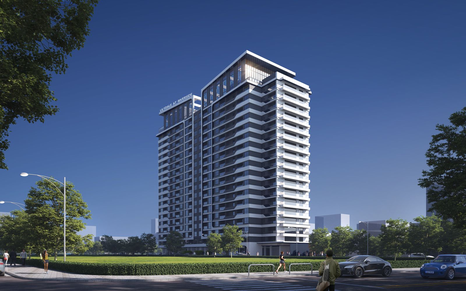 Lilydale-apartments-exterior Lilydale Riverside Apartments modern twin-tower exterior with contemporary balconies, landscaped surroundings and high-rise residential architecture in Nairobi.