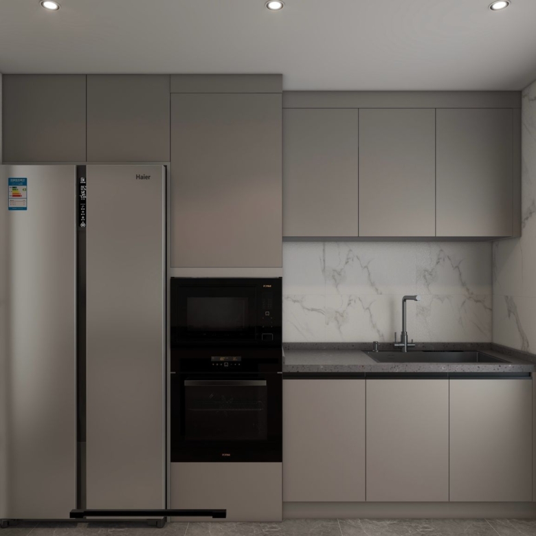 Lilydale Riverside modern kitchen featuring fitted cabinets, built-in oven, double-door refrigerator, stainless steel sink and contemporary countertops.