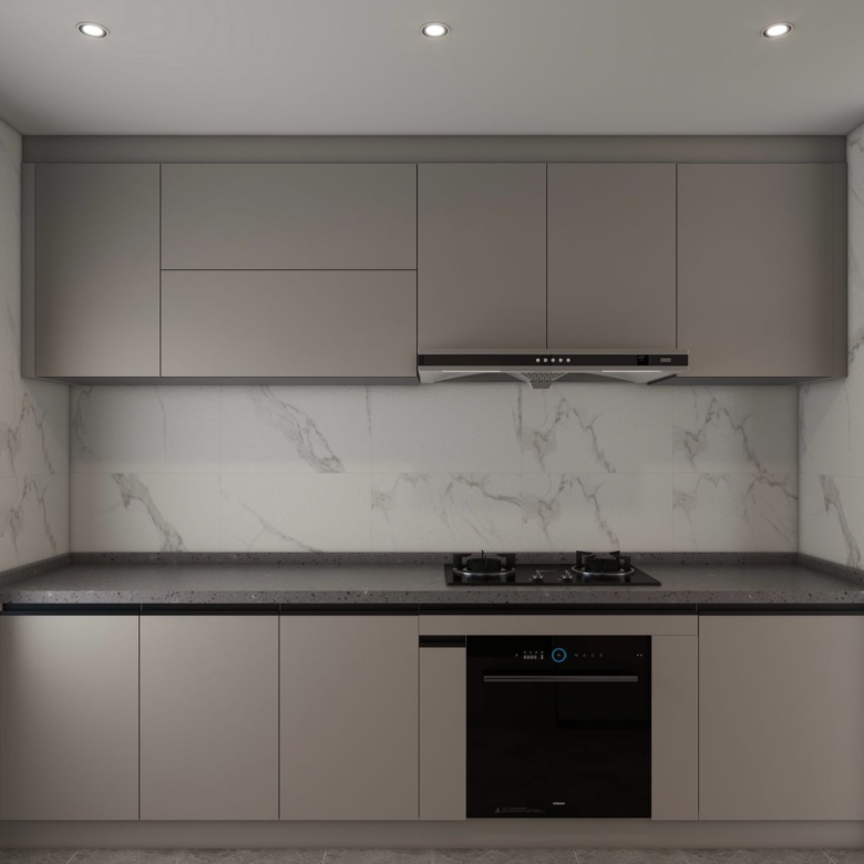 Lilydale Riverside contemporary kitchen with fitted storage cabinets, gas cooking hob, built-in oven, extractor hood and marble-effect backsplash.