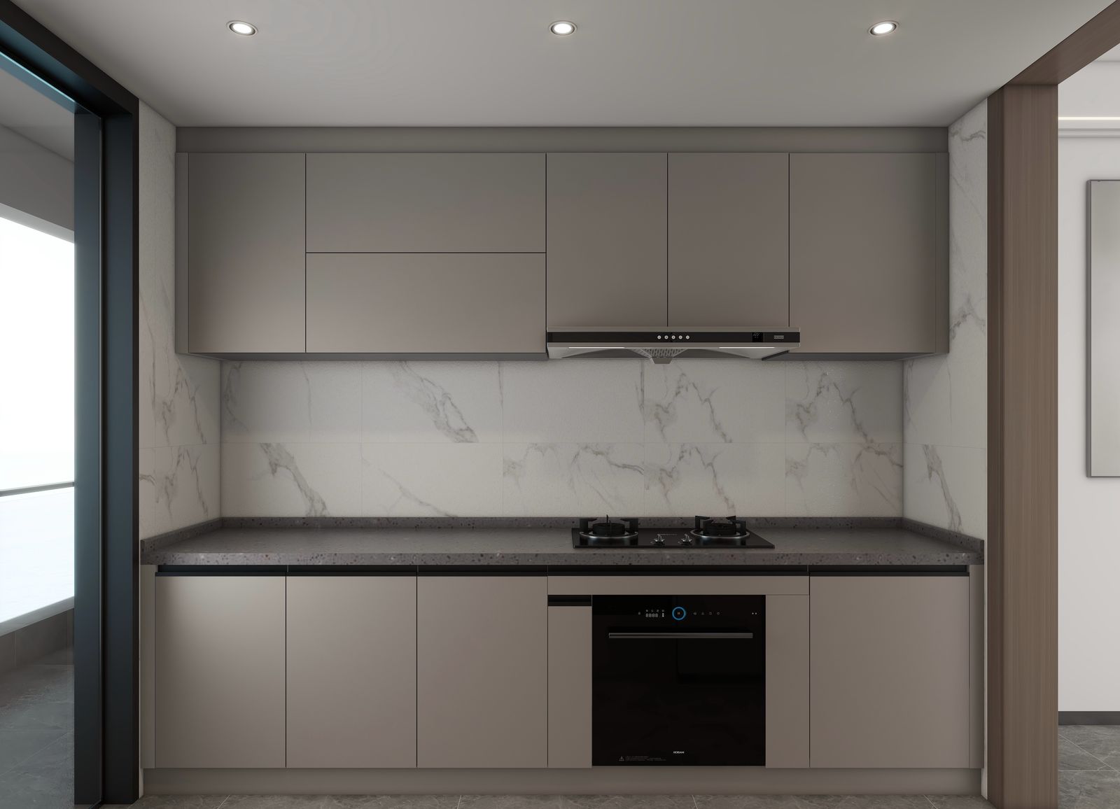 Lilydale Riverside contemporary kitchen with fitted storage cabinets, gas cooking hob, built-in oven, extractor hood and marble-effect backsplash.