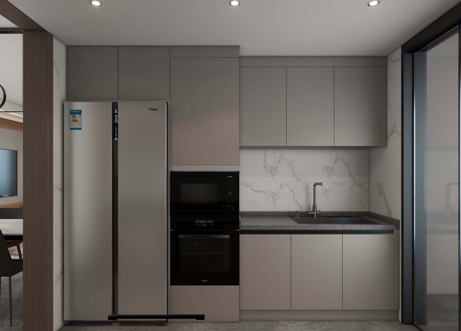Lilydale Riverside modern kitchen featuring fitted cabinets, built-in oven, double-door refrigerator, stainless steel sink and contemporary countertops.