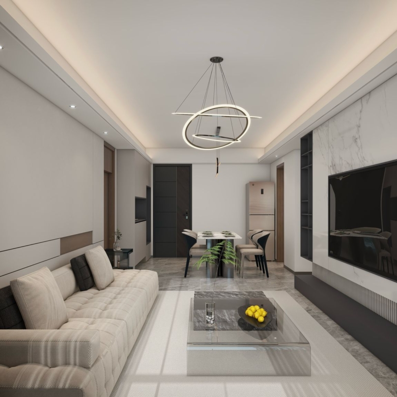 Lilydale Riverside spacious open-plan living and dining room featuring modern sofa, elegant dining furniture, contemporary lighting and luxury interior finishes.