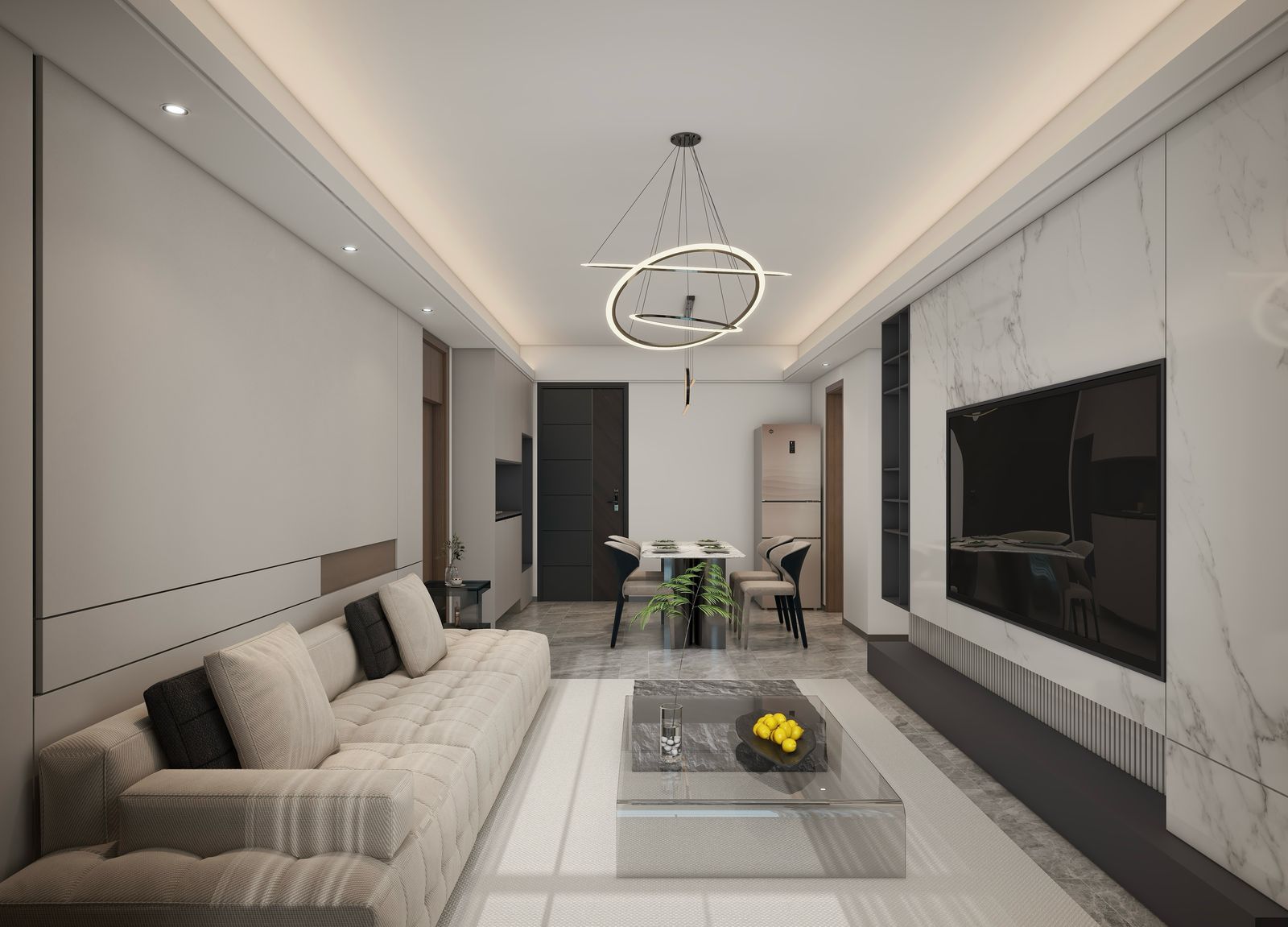 Lilydale Riverside spacious open-plan living and dining room featuring modern sofa, elegant dining furniture, contemporary lighting and luxury interior finishes.