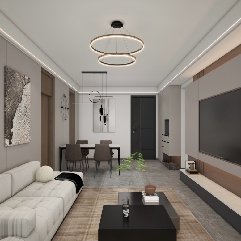 Lilydale Riverside contemporary living room featuring upholstered sofa, modern TV unit, decorative lighting, coffee table and elegant interior finishes.