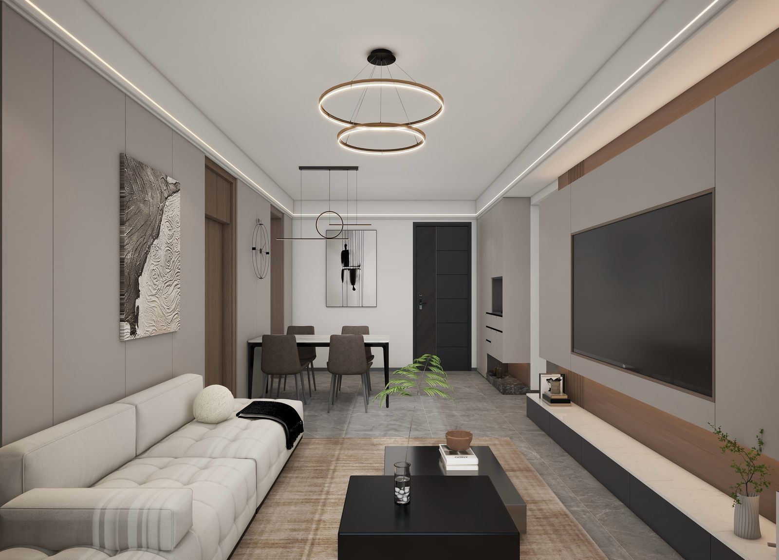 Lilydale Riverside contemporary living room featuring upholstered sofa, modern TV unit, decorative lighting, coffee table and elegant interior finishes.