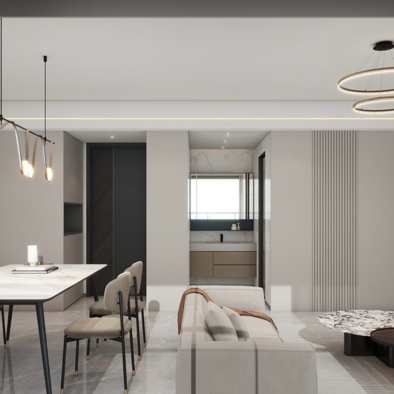 Lilydale Riverside modern living room with comfortable sofa, contemporary chandelier, large balcony windows and elegant wall finishes.