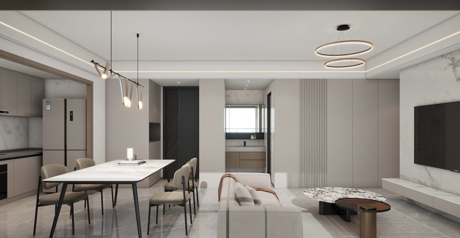 Lilydale Riverside modern living room with comfortable sofa, contemporary chandelier, large balcony windows and elegant wall finishes.
