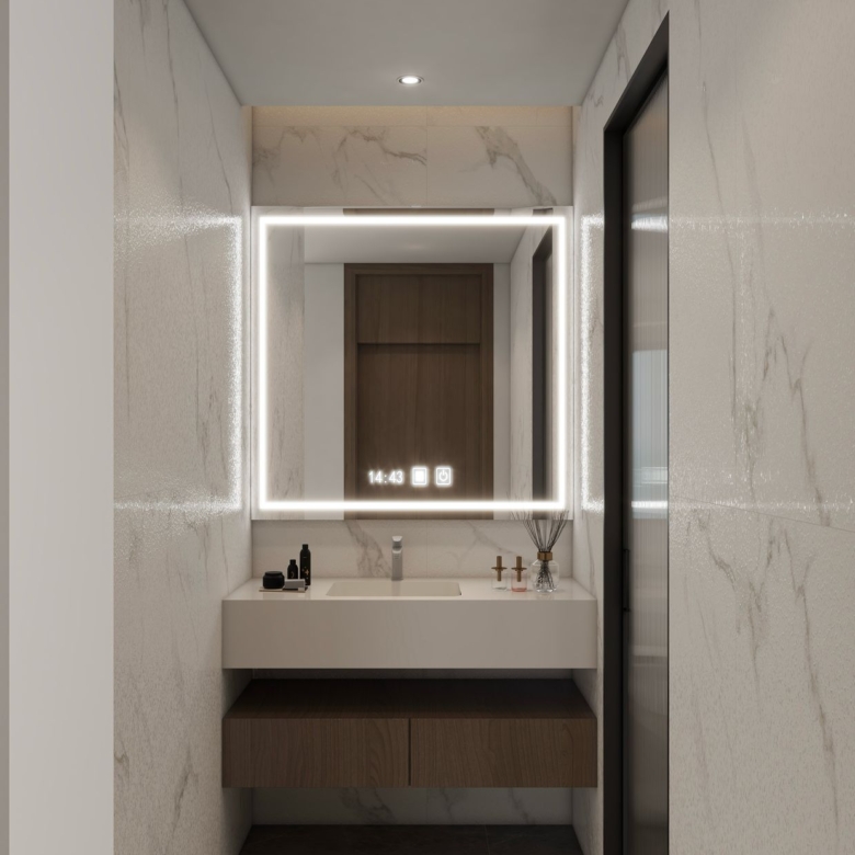 Lilydale Riverside modern bathroom vanity with illuminated mirror, floating washbasin cabinet, marble-effect wall tiles and elegant finishes.