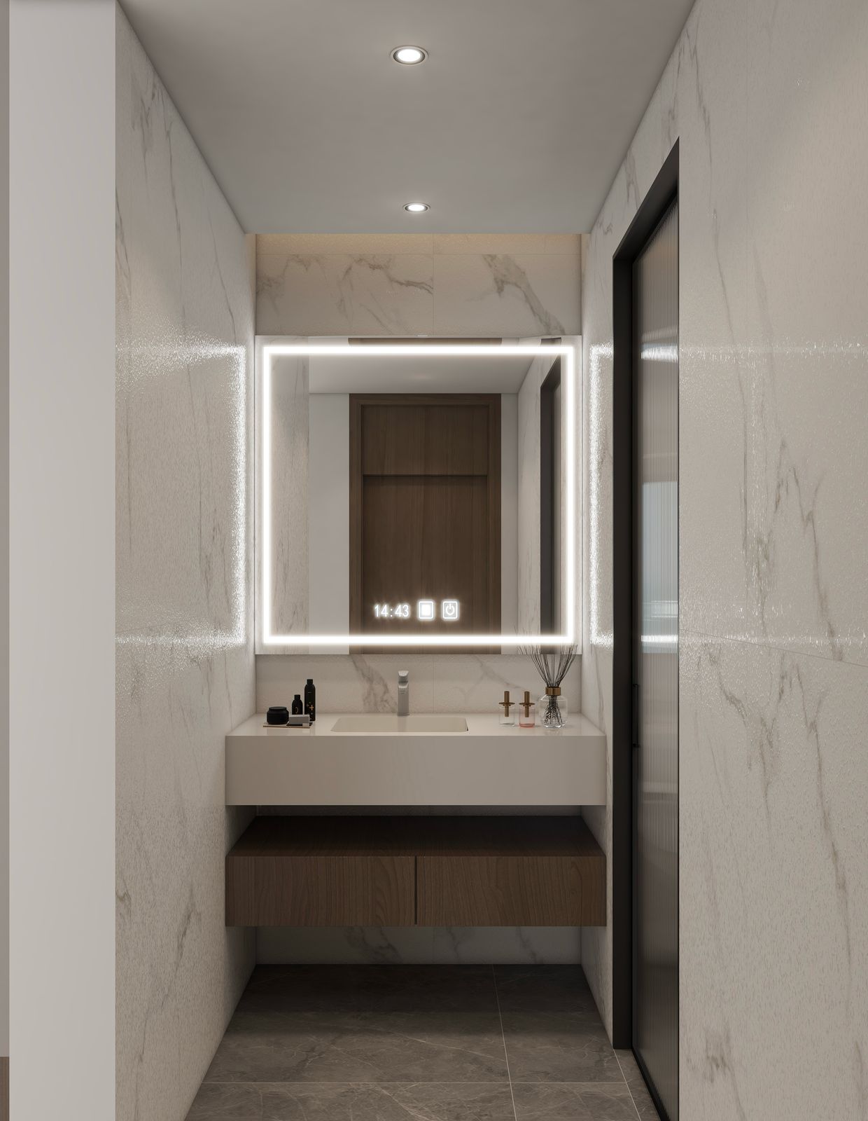 Lilydale Riverside modern bathroom vanity with illuminated mirror, floating washbasin cabinet, marble-effect wall tiles and elegant finishes.