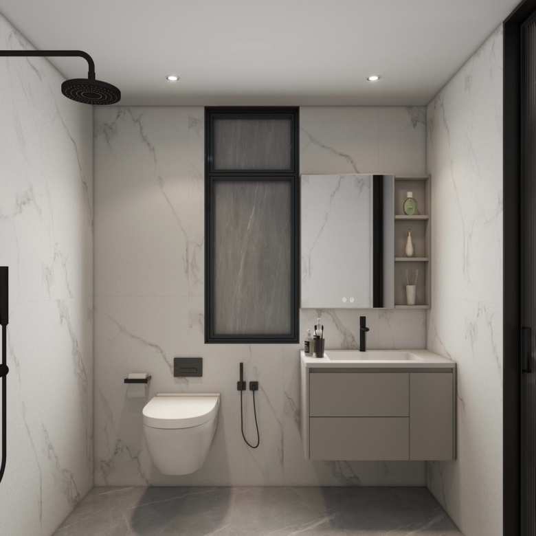 Lilydale Riverside modern bathroom featuring rainfall shower, wall-mounted toilet, contemporary vanity cabinet and marble-effect tiles.
