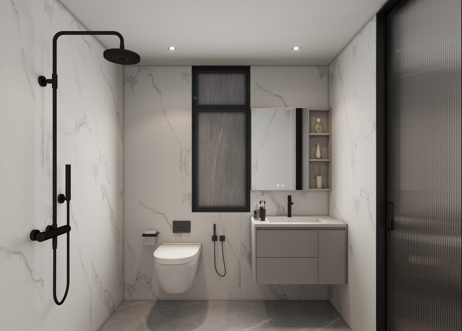 Lilydale Riverside modern bathroom featuring rainfall shower, wall-mounted toilet, contemporary vanity cabinet and marble-effect tiles.