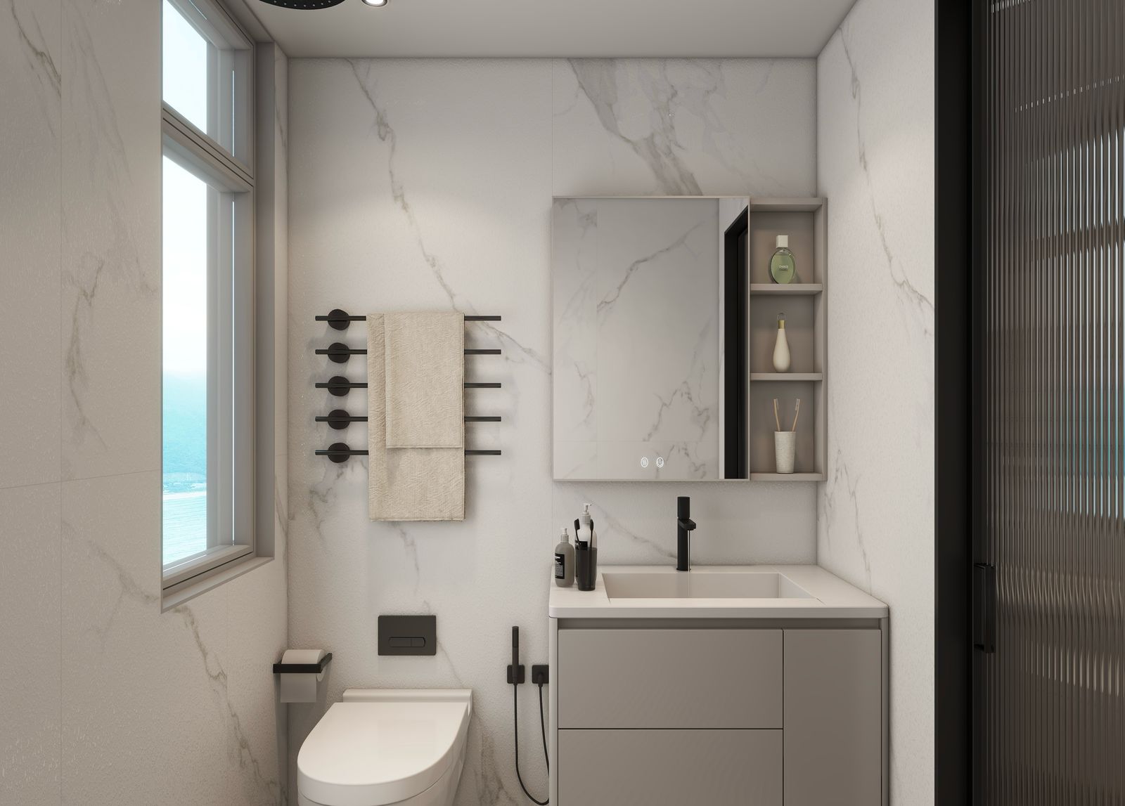 Lilydale Riverside contemporary washroom with modern toilet, illuminated vanity mirror, floating cabinet and marble-effect wall finishes.
