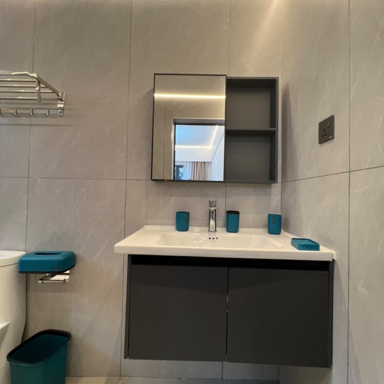 Longines Bay bathroom vanity with white washbasin, mirrored storage cabinet, grey wall tiles and modern fittings.
