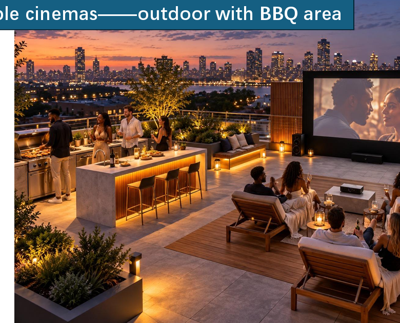 Longines Bay rooftop outdoor cinema and BBQ area with lounge seating, entertainment screen and modern dining facilities.