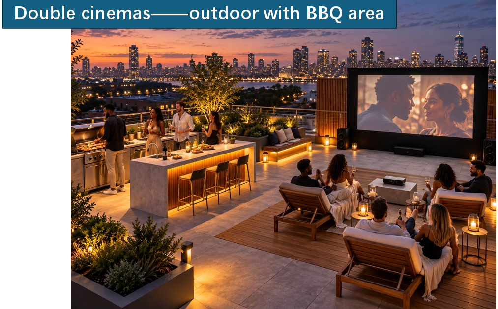 Longines Bay rooftop outdoor cinema and BBQ area with lounge seating, entertainment screen and modern dining facilities.