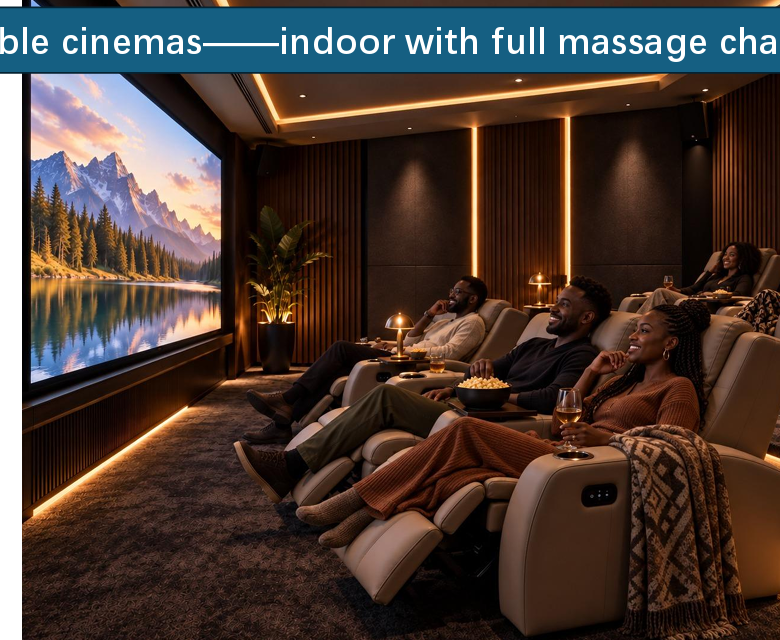 Longines Bay indoor cinema with luxury massage recliner chairs, large movie screen and ambient LED lighting.