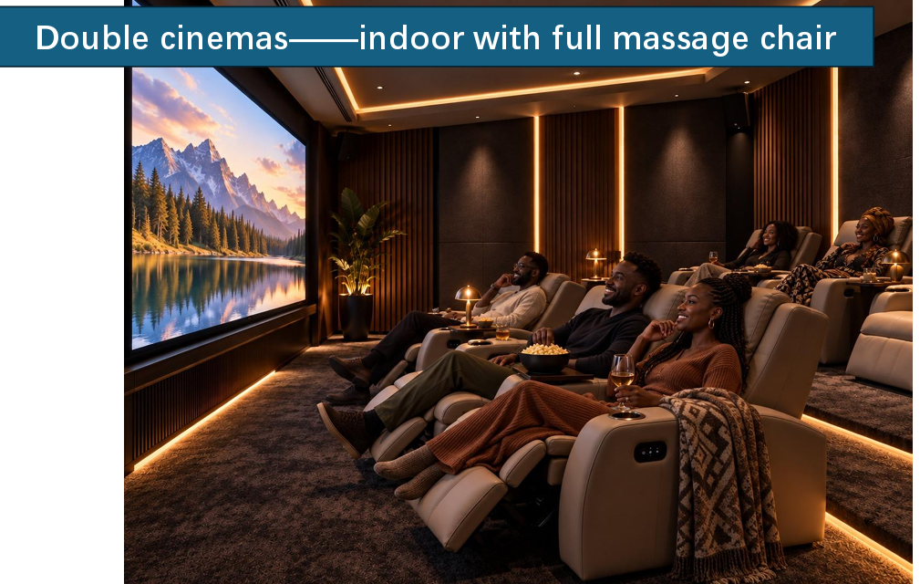 Longines Bay indoor cinema with luxury massage recliner chairs, large movie screen and ambient LED lighting.